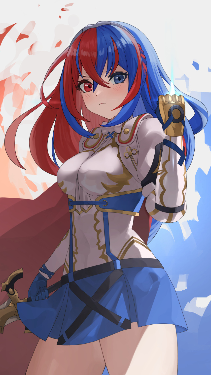 1girl, absurdres, alear_(female)_(fire_emblem), alear_(fire_emblem), blue_eyes, blue_hair, braid, breasts, crossed_bangs, crown_braid, emblem_ring, fire_emblem, fire_emblem_engage, heterochromia, highres, long_hair, looking_at_viewer, medium_breasts, multicolored_hair, pearlbbbb, red_eyes, redhead, smile, solo, split-color_hair, thighs, two-tone_hair