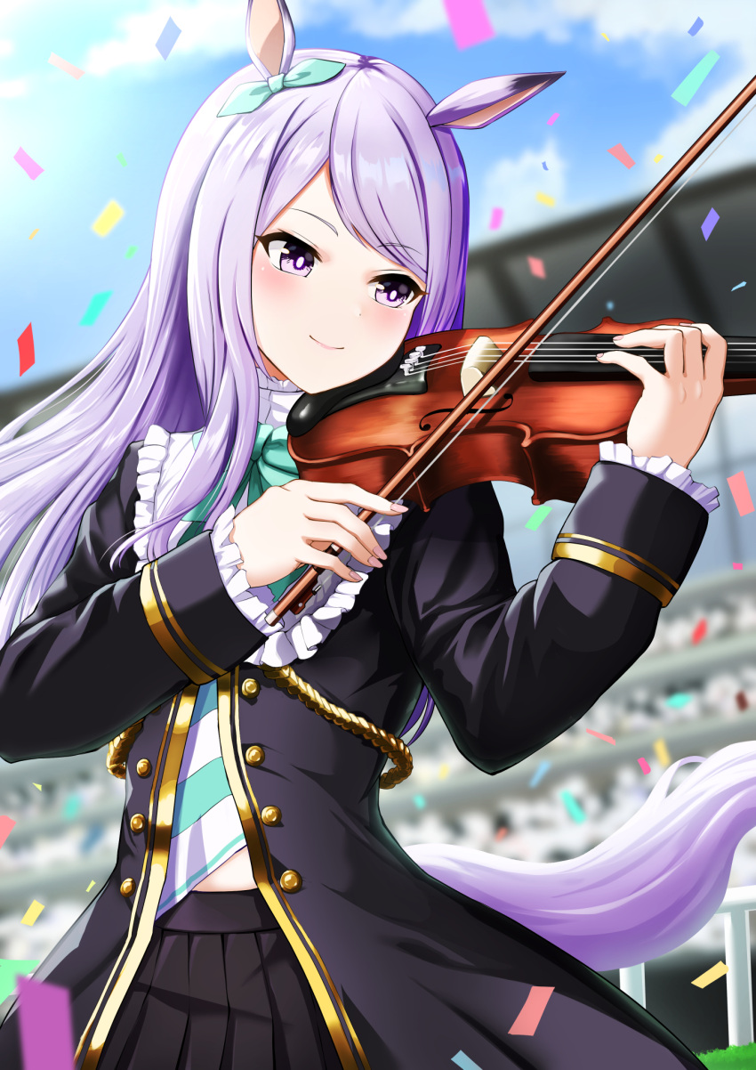 1girl, animal_ears, aqua_bow, aqua_ribbon, black_skirt, blush, bow, confetti, ear_covers, ear_ribbon, frilled_jacket, frills, highres, holding, holding_instrument, horse_ears, horse_girl, horse_tail, horseshoe_ornament, instrument, jacket, long_hair, mejiro_mcqueen_(umamusume), music, playing_instrument, purple_shirt, ribbon, shirt, skirt, smile, solo, stadium, standing, suzuki_(white-world), tail, umamusume, violin