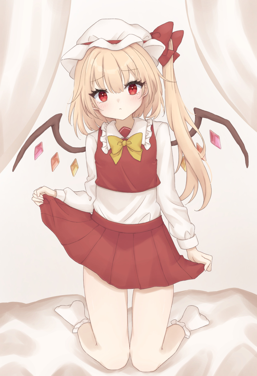 1girl, :/, absurdres, alternate_neckwear, bare_legs, blonde_hair, bow, bowtie