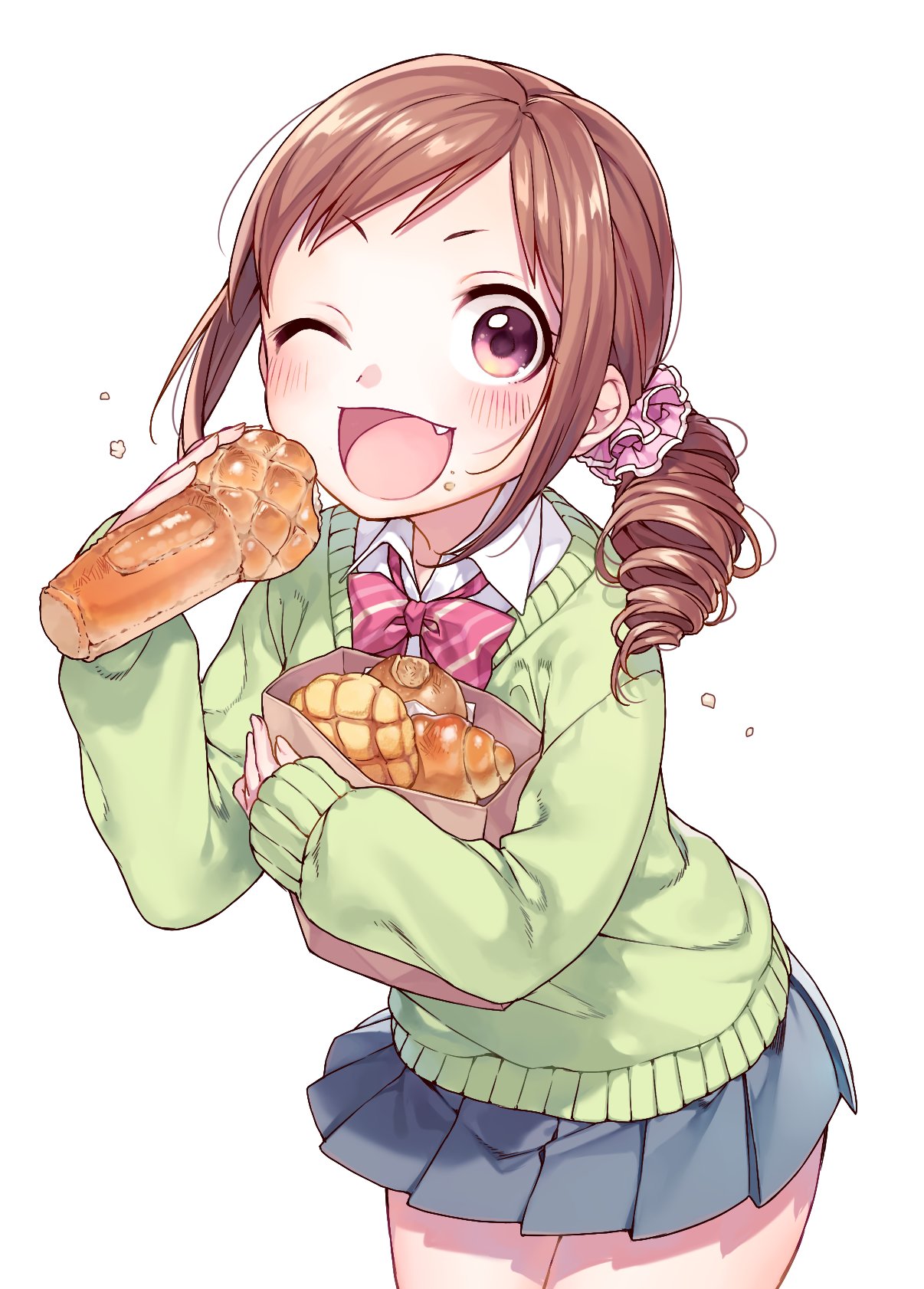 1girl, blush, bow, bread, brown_hair, dot_nose, drill_hair, eating