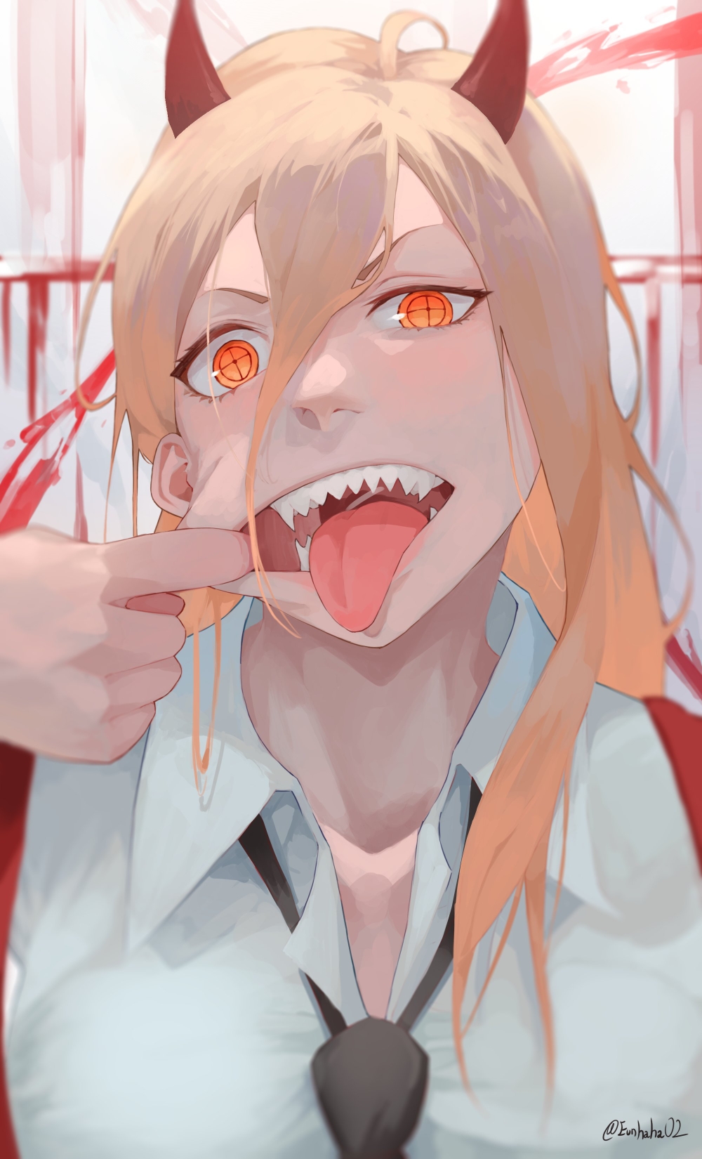 black_necktie, blonde_hair, chainsaw_man, cheek_pull, collared_shirt, cross-shaped_pupils, demon_girl, demon_horns