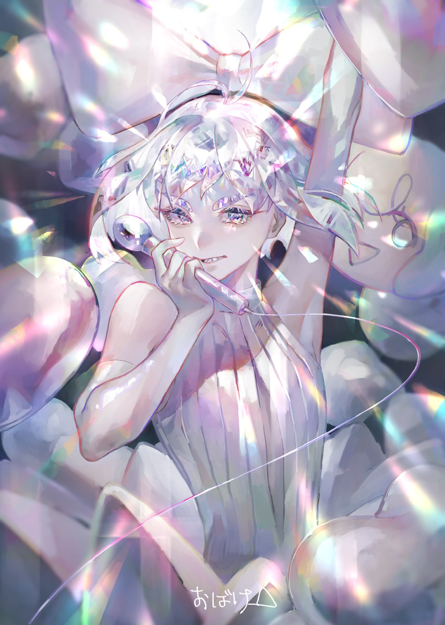 1other, :d, androgynous, arm_up, armpits, bare_shoulders, bob_cut, bow
