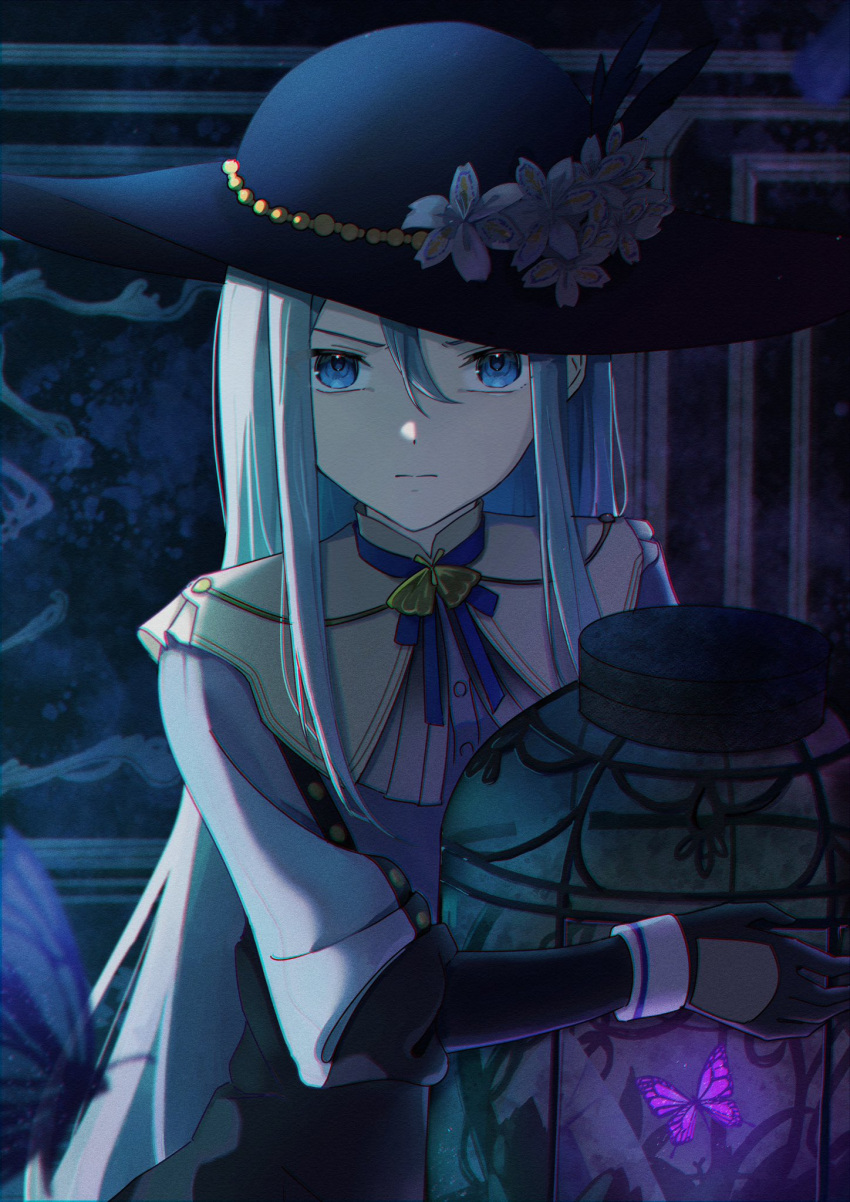 1girl, black_gloves, black_headwear, blue_eyes, bug, butterfly, buttons, cage