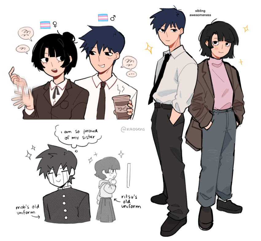 1boy, 1girl, black_eyes, black_footwear, black_hair, black_necktie, black_pants, brother_and_sister, brown_jacket, closed_mouth, coffee_cup, collared_shirt, commentary, crying, cup, disposable_cup, english_commentary, english_text, full_body, gakuran, gender_transitioning, genderswap, genderswap_(mtf), grey_pants, hair_bun, hands_in_pockets, highres, holding, holding_cup, jacket, kageyama_ritsu, kageyama_shigeo, kaogens, long_sleeves, looking_at_another, looking_at_viewer, mars_symbol, mob_psycho_100, multiple_views, necktie, open_mouth, pants, pink_shirt, school_uniform, serafuku, shirt, shoes, short_hair, siblings, simple_background, skirt, smile, standing, thought_bubble, transgender, transgender_boy, transgender_flag, transgender_girl, transgender_man, transgender_woman, venus_symbol, white_background, white_shirt