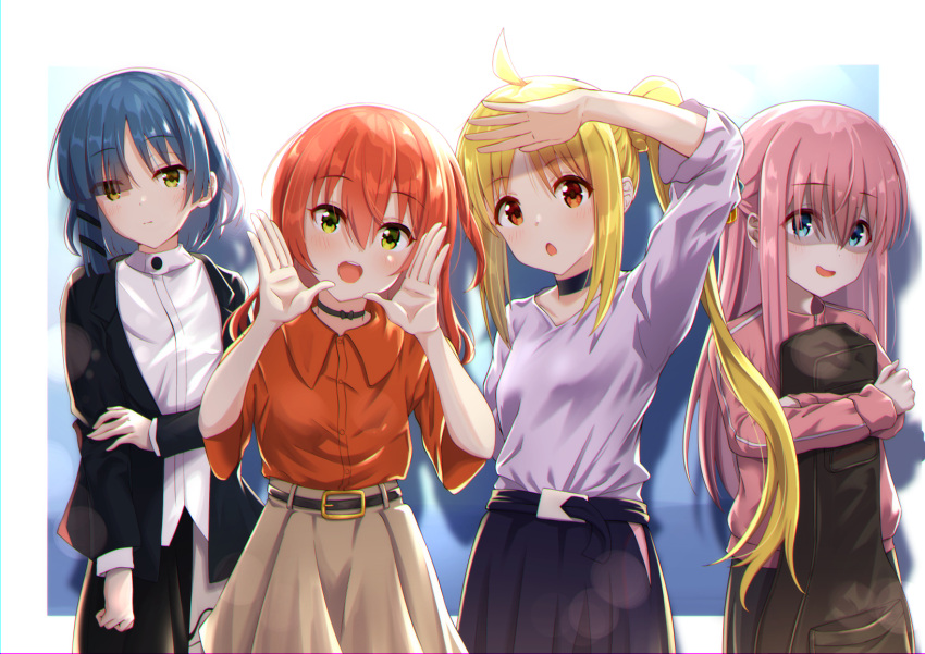 4girls, ahoge, arm_up, belt, black_choker, blonde_hair, blue_hair, bocchi_the_rock!