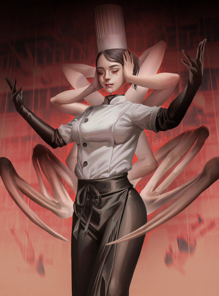 1girl, absurdres, apron, arthropod_limbs, black_gloves, black_hair, blood, blood_drip