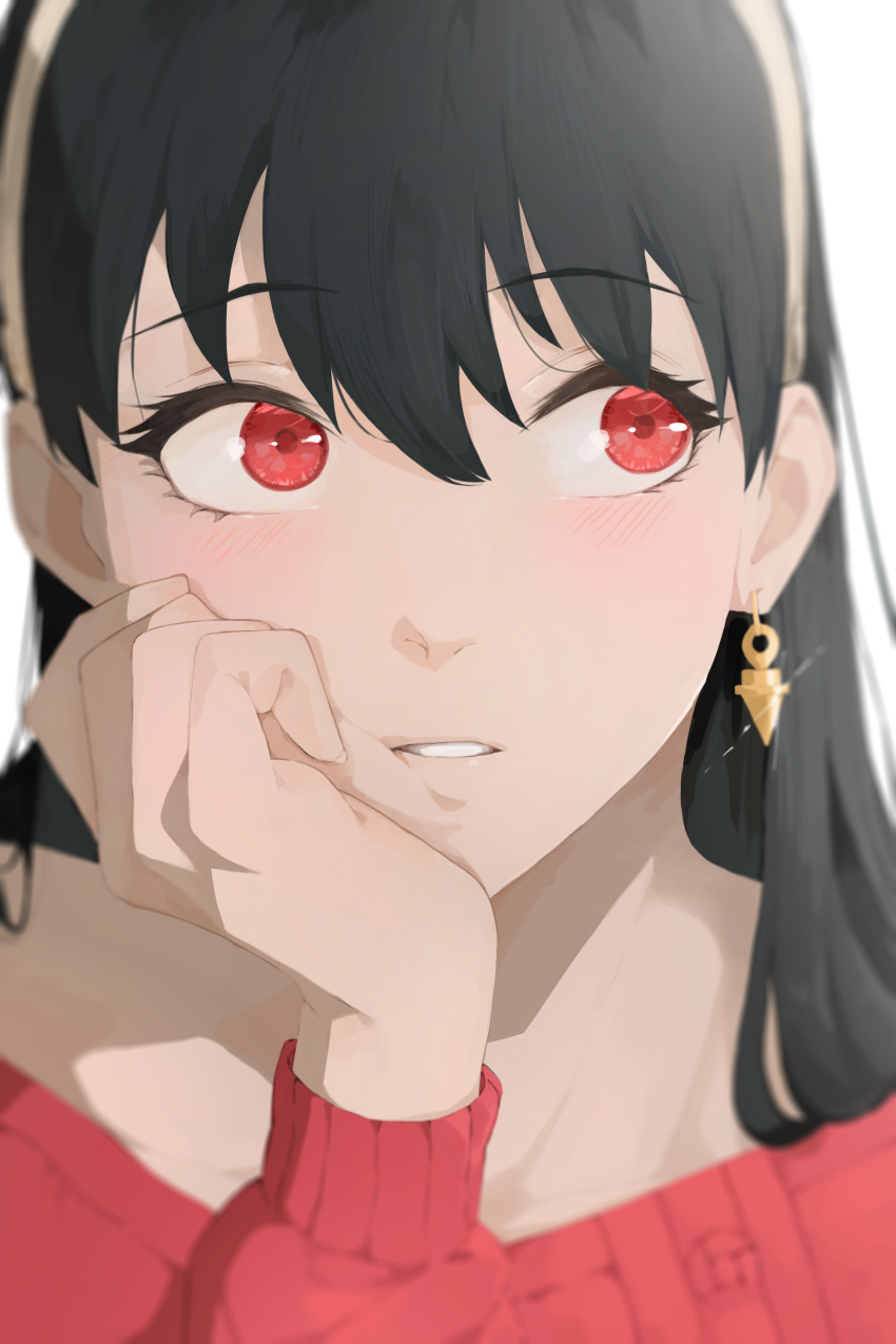 1girl, absurdres, black_hair, close-up, earrings, gold_earrings, gold_hairband, hairband, hand_on_own_cheek, hand_on_own_face, hand_up, head_rest, highres, jewelry, light_blush, long_hair, looking_away, niri_(eunhaha02), parted_lips, red_eyes, red_sweater, solo, spy_x_family, sweater, teeth, upper_body, yor_briar