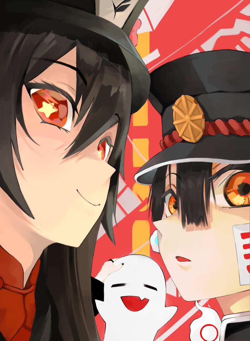 1boy, 1girl, absurdres, black_hair, black_headwear, boo_tao_(genshin_impact), chinese_clothes, close-up