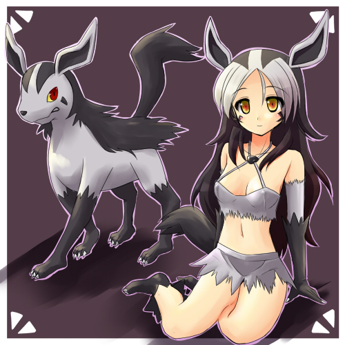 1girl, female, gloves, long_hair, lowres, mightyena, moemon, multicolored_hair