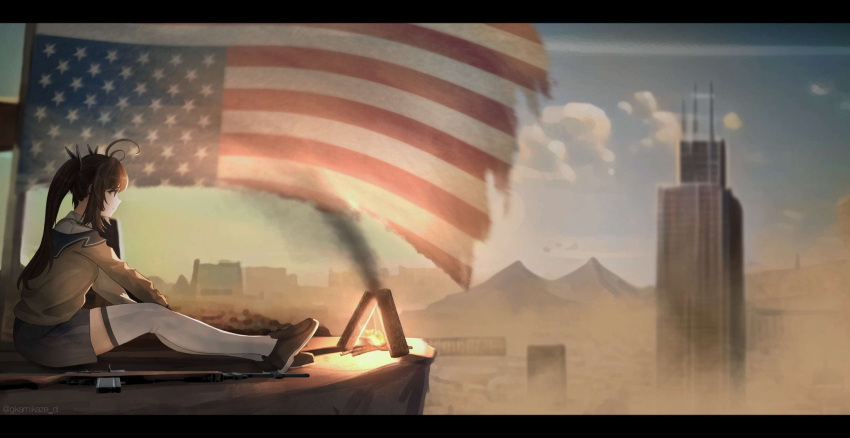 1girl, american_flag, antenna_hair, battle_rifle, brown_hair, brown_jacket, brown_shirt, campfire