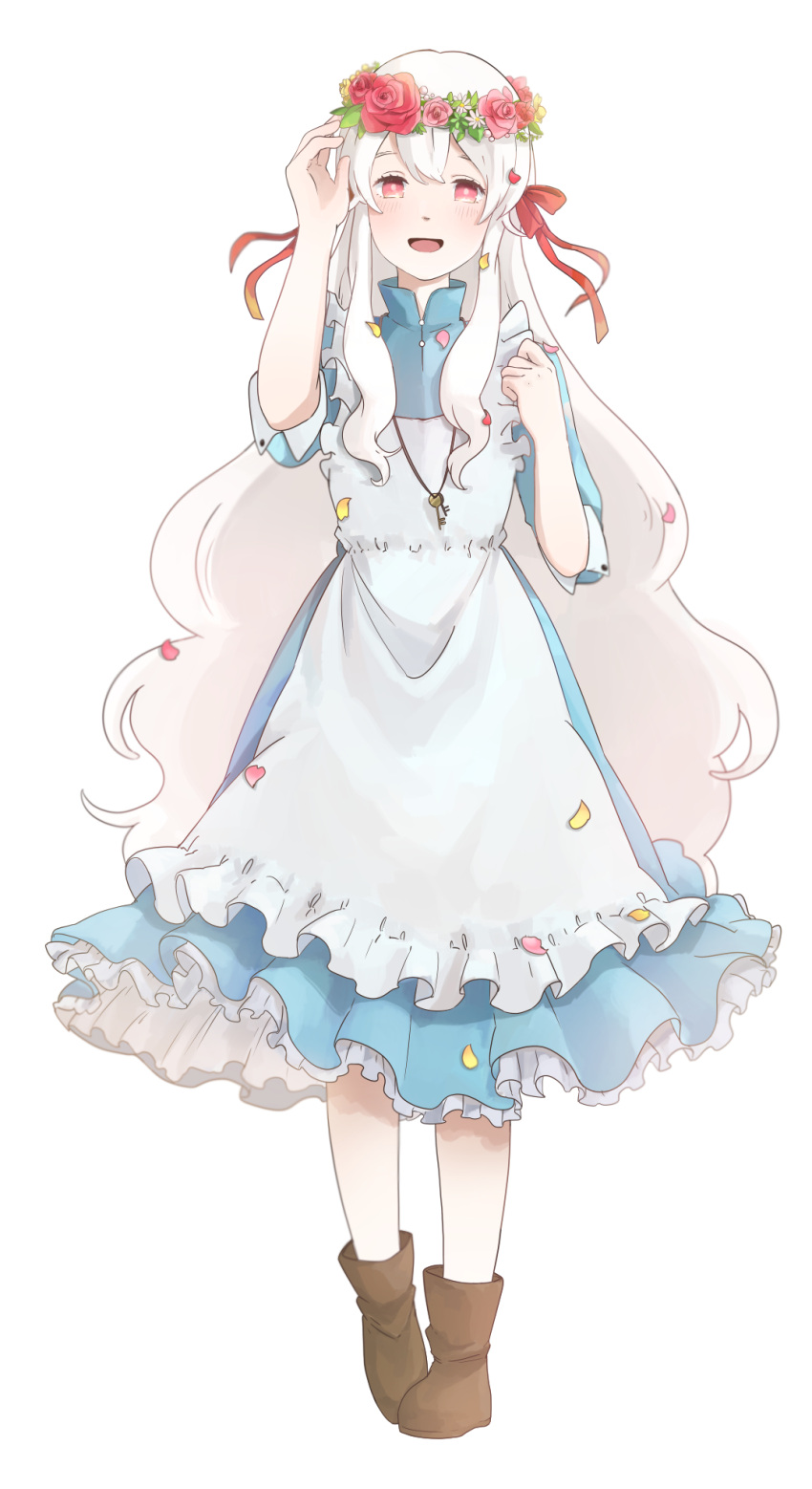 1girl, :d, adjusting_clothes, adjusting_headwear, apron, blue_dress, boots, bright_pupils, brown_footwear, buttons, collared_dress, commentary, double-parted_bangs, dress, flower, frilled_apron, frilled_dress, frills, full_body, hair_over_shoulder, hair_ribbon, hand_up, head_wreath, highres, jewelry, kagerou_project, key, key_necklace, kozakura_marry, leaf, light_blush, long_hair, looking_at_viewer, mandarin_collar, mekakucity_actors, necklace, open_mouth, petals, petticoat, pink_eyes, pink_flower, pink_rose, red_eyes, red_flower, red_ribbon, red_rose, ribbon, rose, sakusakusakuran, short_sleeves, simple_background, sleeve_cuffs, smile, solo, standing, very_long_hair, wavy_hair, white_apron, white_background, white_flower, white_hair