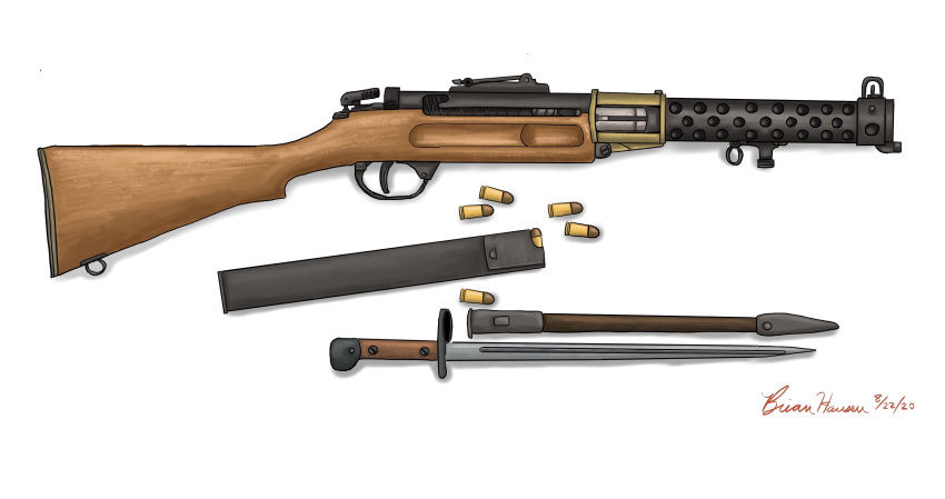 absurdres, ammunition, barrel_shroud, bayonet, bullet, cartridge, colored_pencil_(medium), commentary