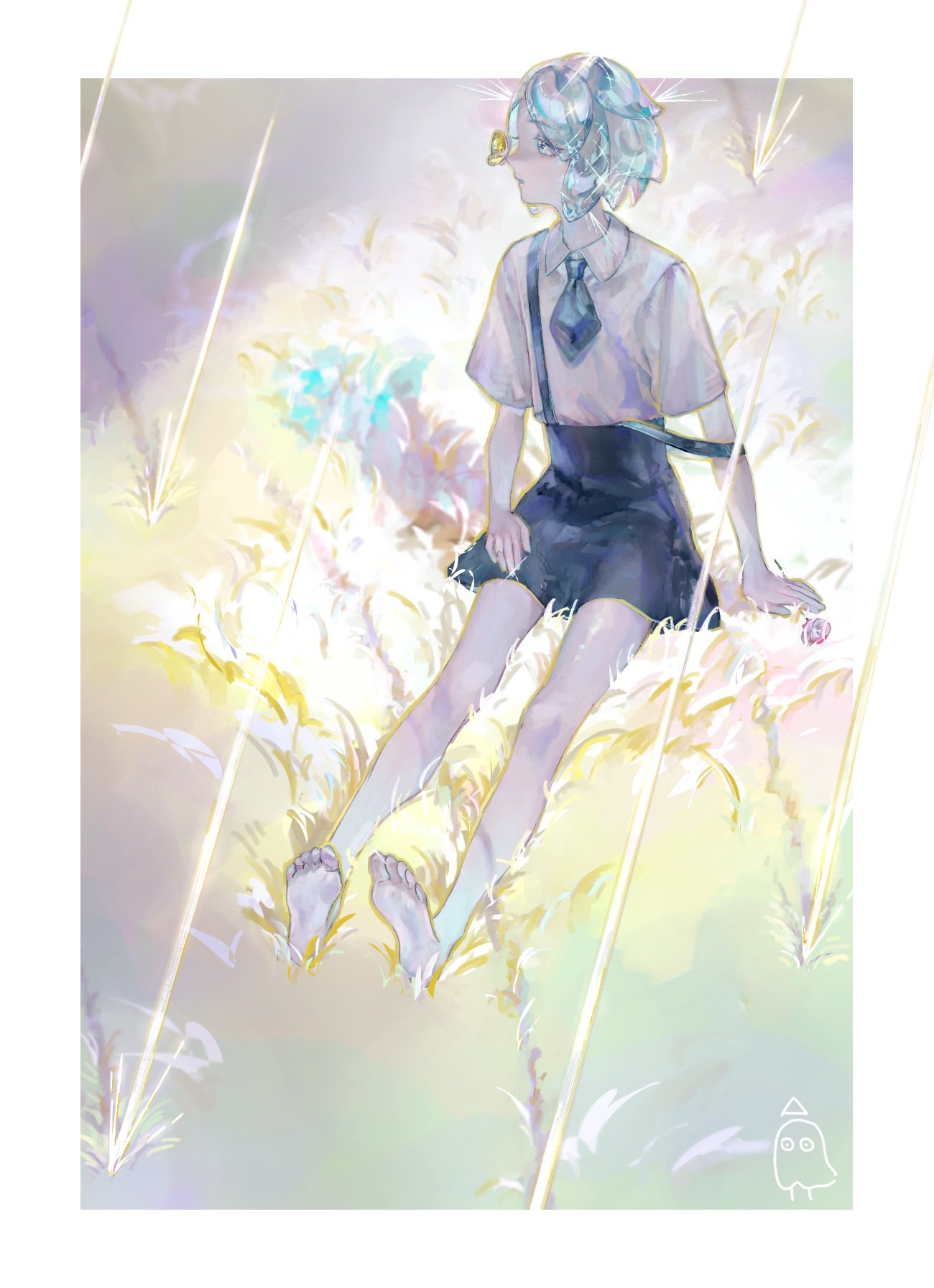 1other, androgynous, aqua_eyes, aqua_hair, barefoot, black_shorts, bug, butterfly
