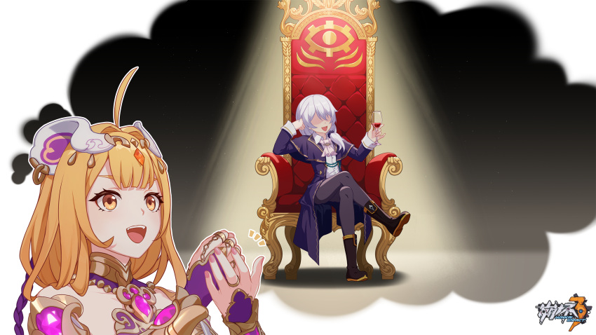 2girls, ahoge, arabian_clothes, black_footwear, chair, chinese_commentary, clenched_hand, cosplay, crossed_legs, cup, drinking_glass, hand_on_own_head, highres, holding, holding_cup, honkai_(series), honkai_impact_3rd, jewelry, logo, long_hair, multiple_girls, no_eyes, official_art, official_wallpaper, open_mouth, orange_eyes, orange_hair, otto_apocalypse, otto_apocalypse_(cosplay), ring, susannah_(honkai_impact), susannah_(valkyrie_quicksand), teeth, theresa_apocalypse, thinking, upper_teeth_only, white_hair, wine_glass