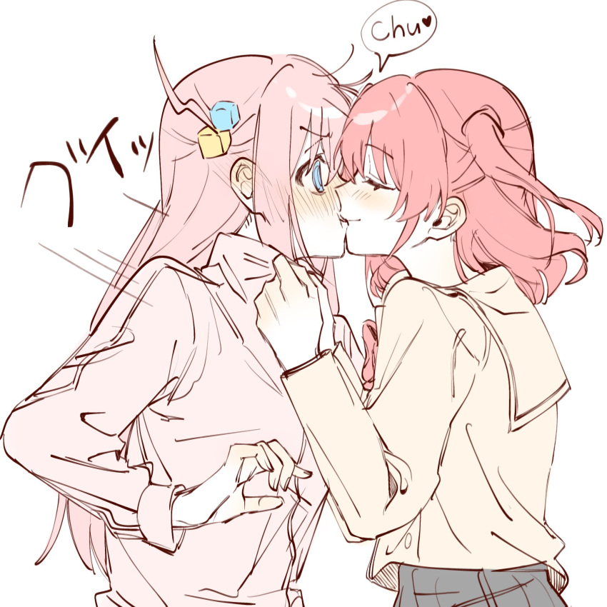 2girls, blue_eyes, blush, bocchi_the_rock!, closed_eyes, cube_hair_ornament, gotou_hitori, hair_ornament