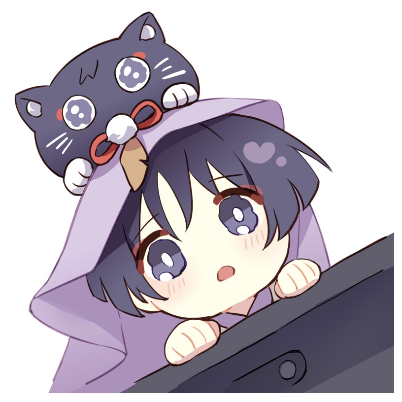 1boy, animal_on_head, blush, chibi, genshin_impact, looking_at_viewer, male_focus, on_head, open_mouth, pom_pom_(clothes), purple_hair, scaramouche_(cat)_(genshin_impact), scaramouche_(genshin_impact), scaramouche_(kabukimono)_(genshin_impact), short_hair, solo, veil, violet_eyes, wavy_eyes, white_background