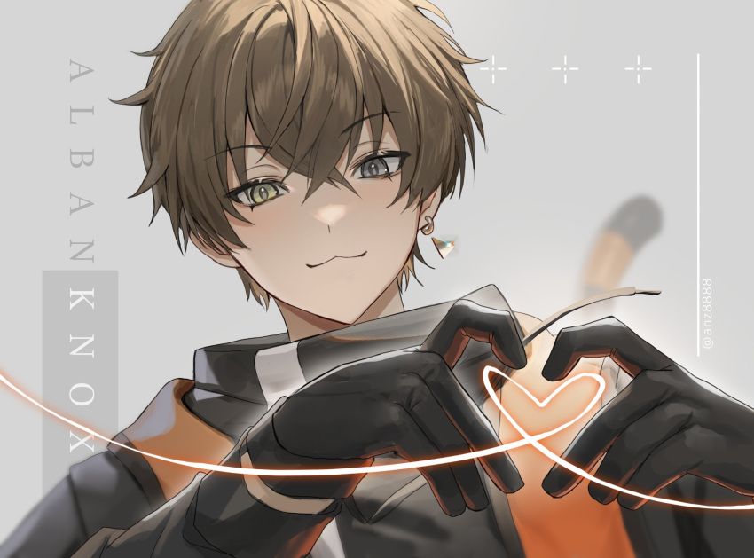 1boy, :3, alban_knox, anjeu_(anz8888), black_coat, black_gloves, black_hoodie, blurry