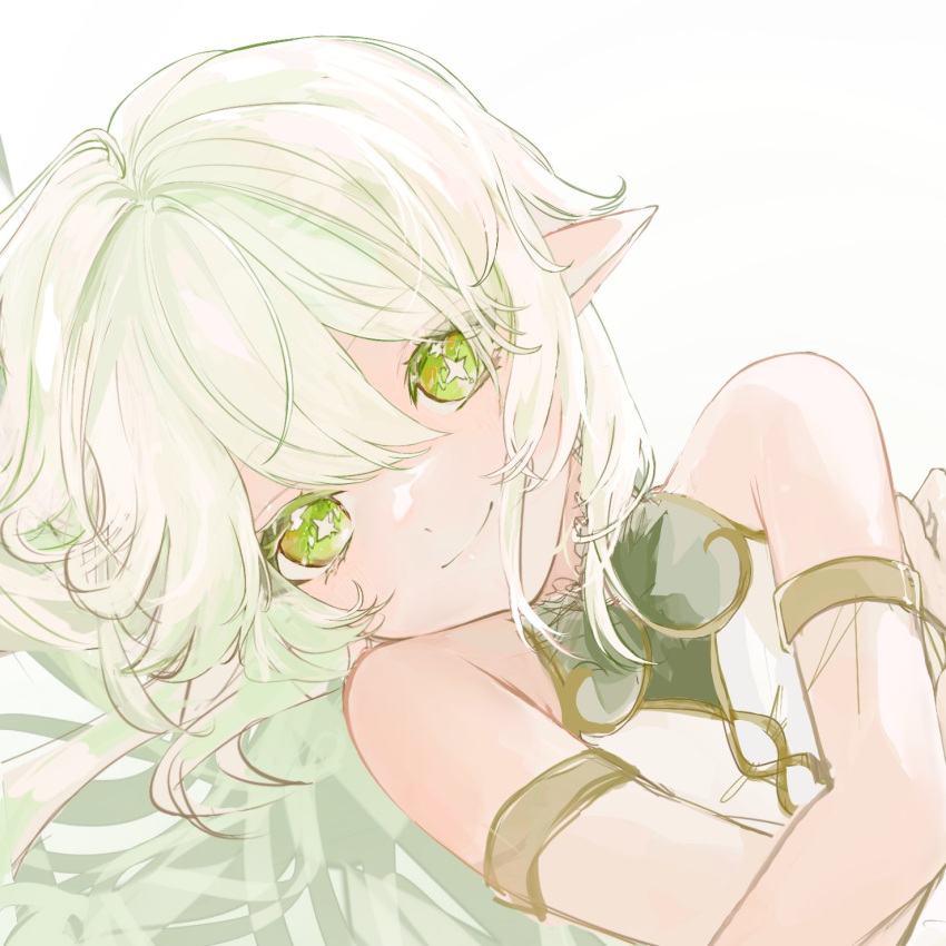 arano0910, cross-shaped_pupils, dress, female_child, genshin_impact, gold_trim, green_eyes, hair_down, highres, long_hair, looking_at_viewer, nahida_(genshin_impact), pointy_ears, sleeveless, sleeveless_dress, smile, symbol-shaped_pupils, white_hair