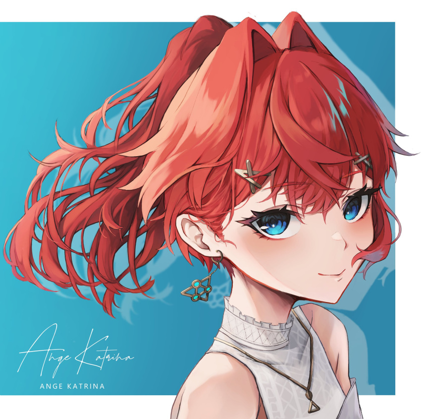 1girl, akechi_(akechi_5416), ange_katrina, blue_eyes, commentary_request, earrings, hair_intakes, hair_ornament, hairclip, halterneck, highres, jewelry, nijisanji, ponytail, redhead, shirt, short_hair, smile, solo, virtual_youtuber, white_shirt