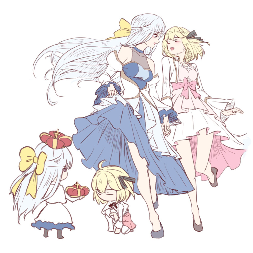 2girls, ahoge, anisphia_wynn_palettia, anjuro_zeeku, bare_shoulders, blonde_hair, blue_dress, bow, breasts, chibi, closed_eyes, cropped_jacket, crown, detached_sleeves, dress, english_commentary, euphyllia_magenta, floating_hair, frilled_sleeves, frills, full_body, hair_bow, hair_ribbon, half_updo, halter_dress, halterneck, happy, high-low_skirt, highres, holding_hands, interlocked_fingers, jacket, juliet_sleeves, kneeling, long_dress, long_hair, long_sleeves, looking_at_another, medium_bangs, medium_breasts, multiple_girls, open_mouth, parted_bangs, pink_dress, puffy_sleeves, ribbon, short_hair, simple_background, skirt_hold, smile, standing, tensei_oujo_to_tensai_reijou_no_mahou_kakumei, very_long_hair, white_background, white_hair, white_jacket, yellow_bow, yuri