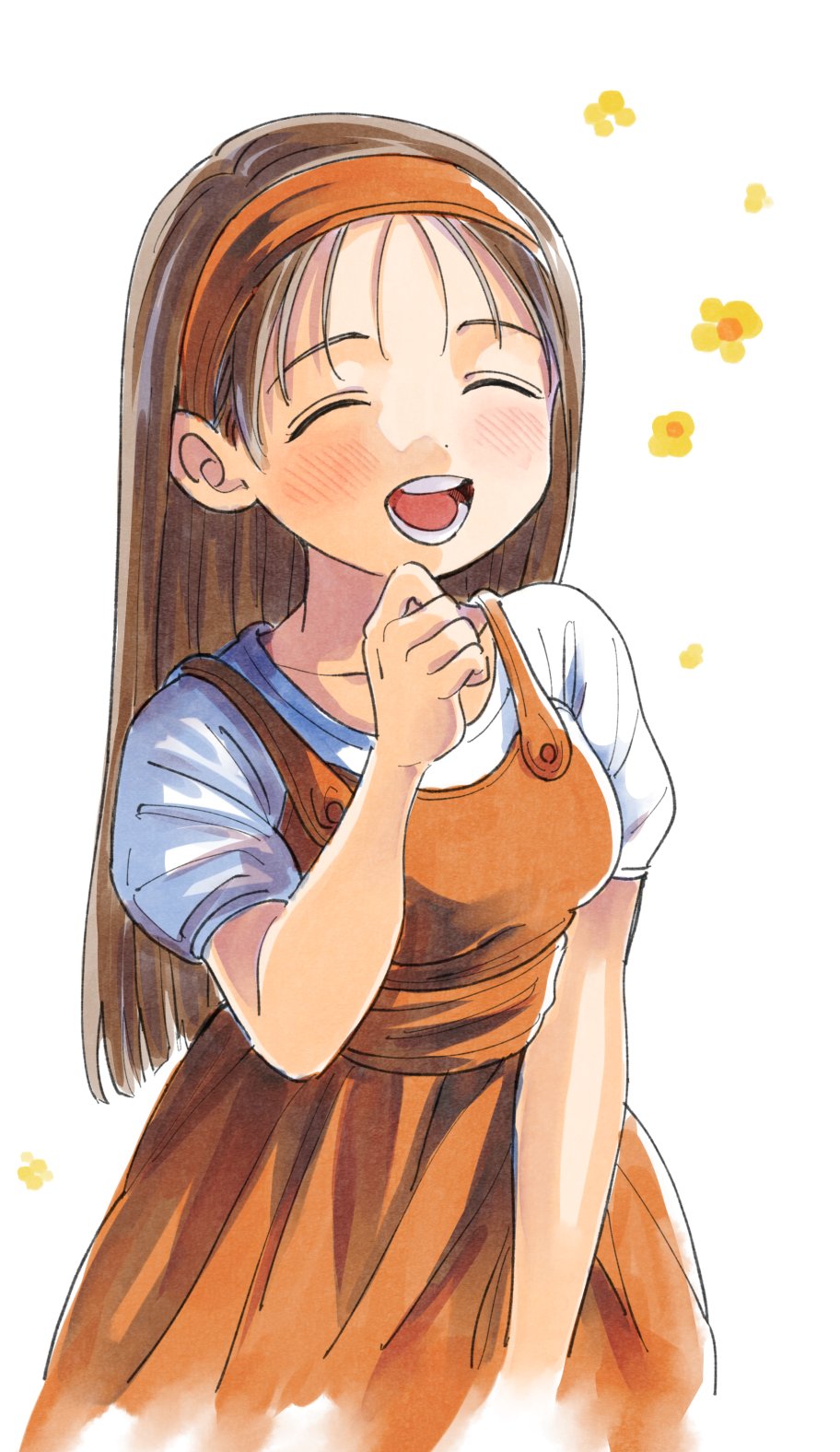 1girl, :d, arc_s0222, arc_the_lad, breasts, brown_hair, closed_eyes, dress
