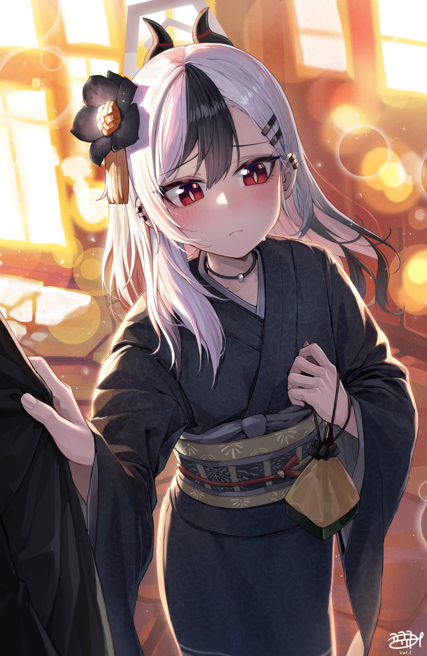 1girl, absurdres, black_hair, black_horns, black_kimono, blue_archive, demon_horns, flower