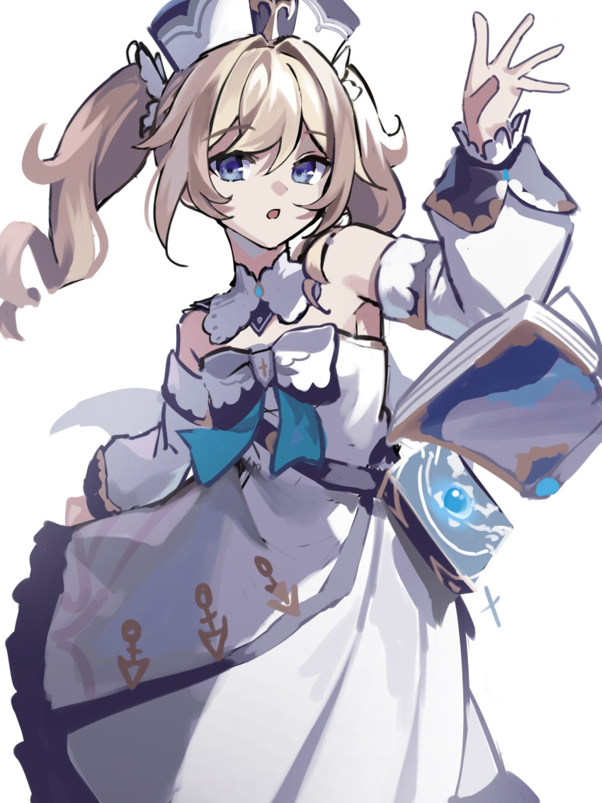 1girl, barbara_(genshin_impact), blonde_hair, blue_eyes, book, book_holster, bow, collar