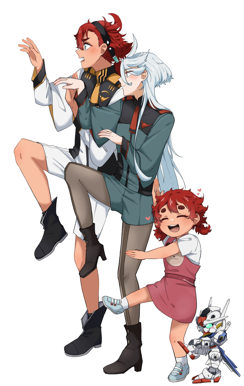 3girls, absurdres, ahoge, akasukiane04, aqua_eyes, asticassia_school_uniform, black_footwear, blue_footwear, blush, blush_stickers, chibi, closed_eyes, dress, ericht_samaya, front-seamed_legwear, full_body, green_eyes, green_jacket, green_shorts, grey_eyes, grey_hair, grey_pantyhose, gundam, gundam_aerial, gundam_suisei_no_majo, hand_up, happy, heart, height_difference, highres, jacket, leg_up, long_hair, long_sleeves, mecha, miorine_rembran, mobile_suit, multiple_girls, open_mouth, pantyhose, pantyhose_under_shorts, parody, pink_dress, redhead, robot, school_uniform, seamed_legwear, shirt, shoes, short_sleeves, shorts, simple_background, smile, sneakers, socks, standing, standing_on_one_leg, suletta_mercury, teeth, thick_eyebrows, twitter_username, upper_teeth_only, v-fin, white_background, white_jacket, white_shirt, white_shorts, white_socks, yotsubato!_pose