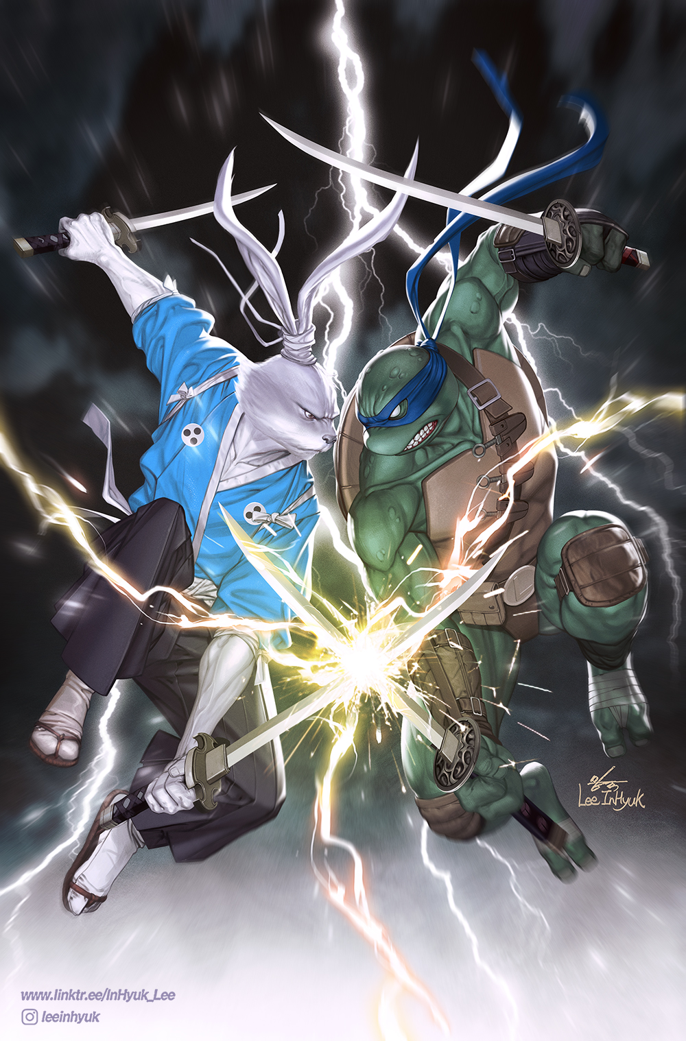 2boys, animal_ears, artist_name, colored_skin, commentary, crossover, duel, english_commentary