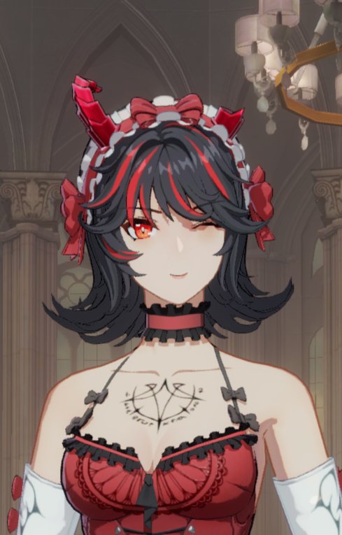 123ab456c, 1girl, alternate_costume, bare_shoulders, black_hair, bow, breasts, camisole