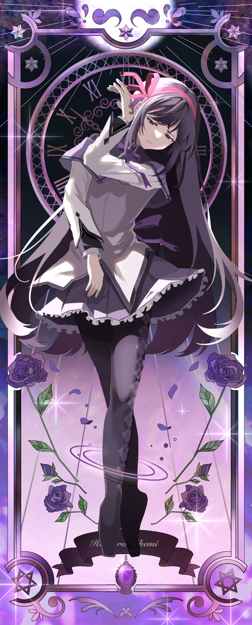 1girl, akemi_homura, argyle, argyle_legwear, black_hair, card_(medium), character_name, clock_face