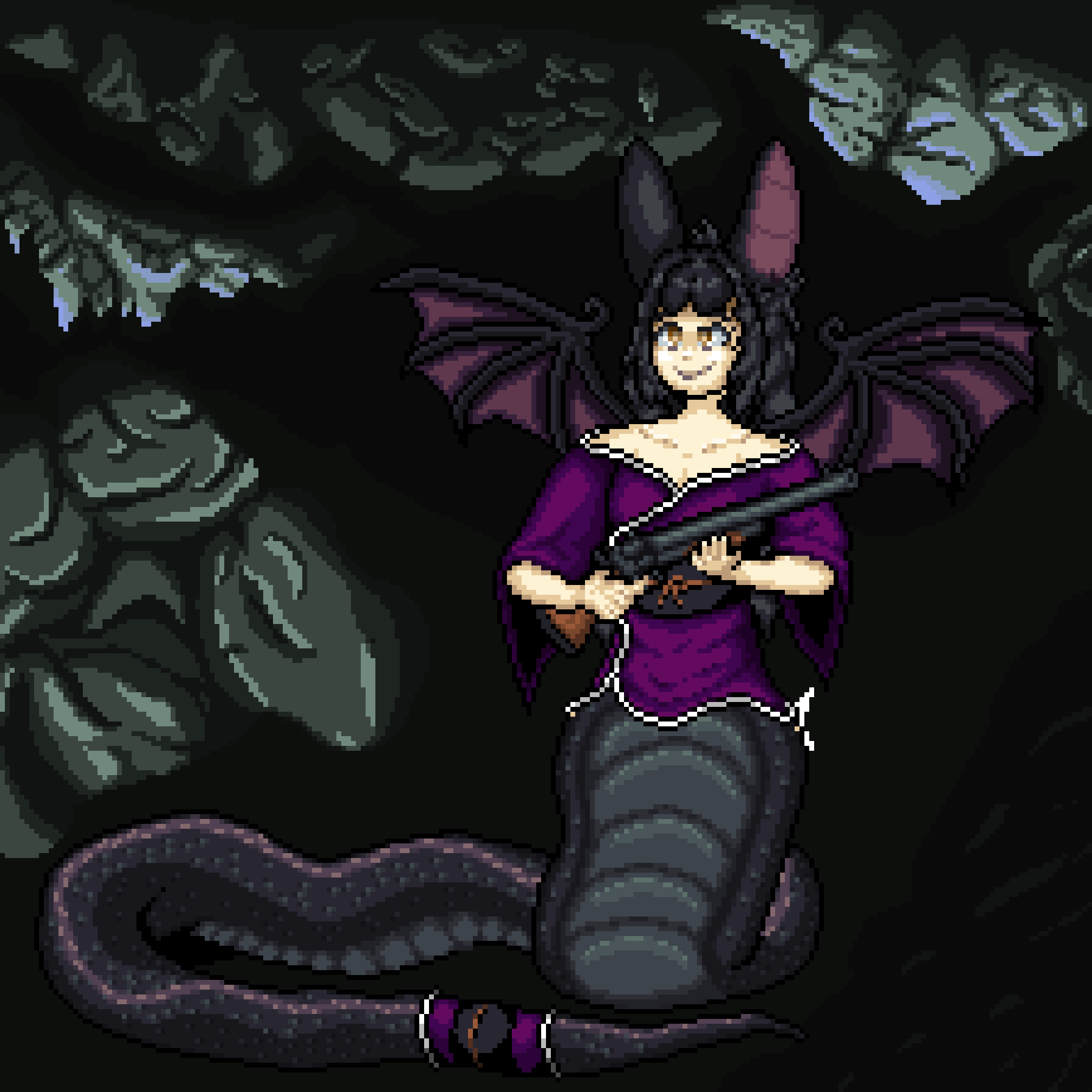 1girl, animal_ears, bat_ears, bat_wings, batatvideogames, black_hair, cave, collarbone