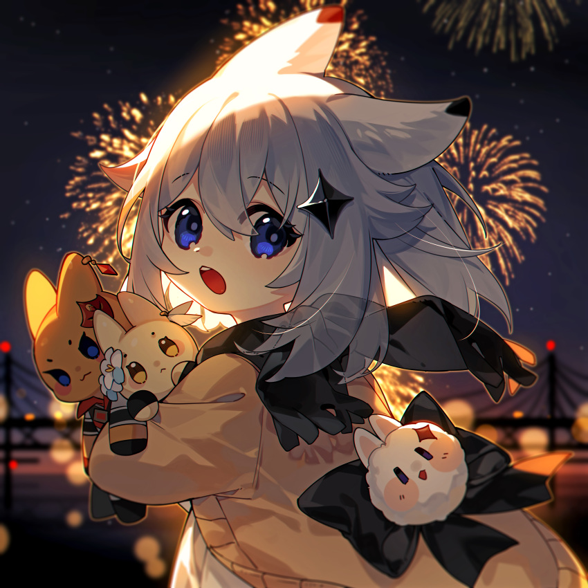 1girl, :<, :o, absurdres, animal_ears, black_bow, black_scarf, blue_eyes