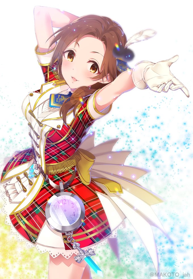 1girl, across_the_stars_(idolmaster), arms_up, blue_necktie, blush, breasts, brown_eyes, brown_hair