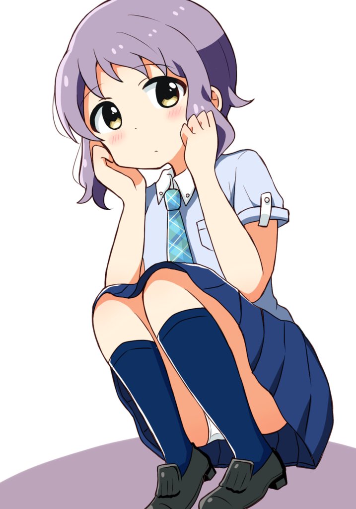 1girl, black_footwear, blue_shirt, blue_skirt, blue_socks, checkered_necktie, commentary_request, dot_nose