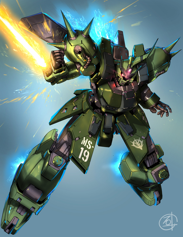 arm_blade, blue_background, cable, clenched_hand, dolmel, energy_blade, eye_trail, flying