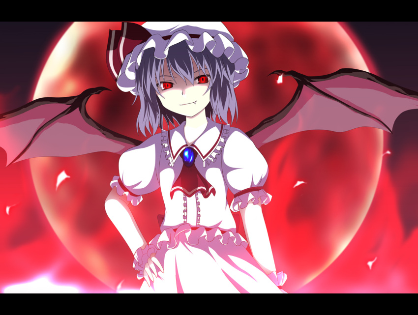 blue_hair, dress, fang, frills, full_moon, glowing, glowing_eyes, grin