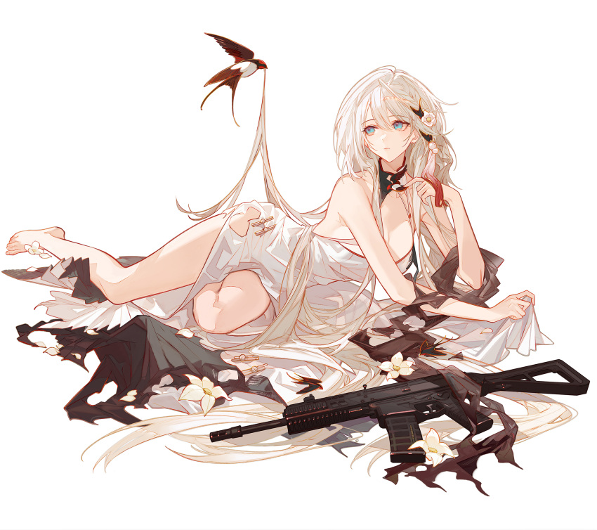 1girl, apc556_(girls'_frontline), bare_shoulders, barefoot, bird, black_gloves, blue_eyes, elbow_gloves, flower, girls_frontline, gloves, hair_flower, hair_ornament, highres, legs, long_hair, looking_at_viewer, satsuya, solo, swallow_(bird), toenails, toes, white_hair