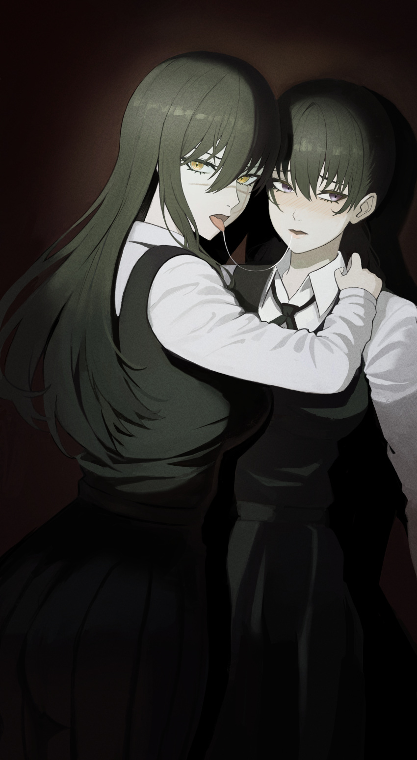 2girls, absurdres, after_kiss, black_hair, blush, chainsaw_man, collared_shirt, cross_scar
