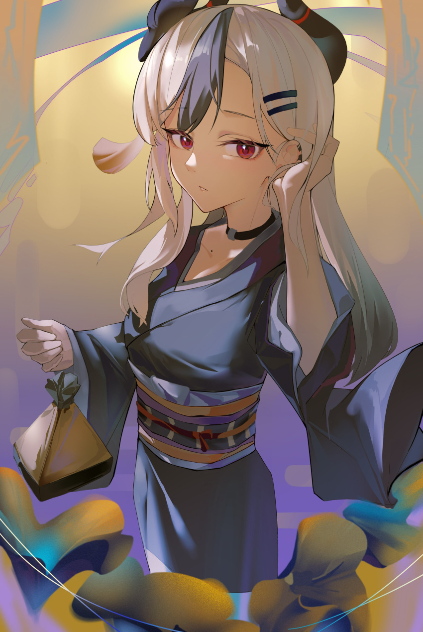 1girl, absurdres, black_choker, black_hair, black_kimono, blue_archive, breasts, choker