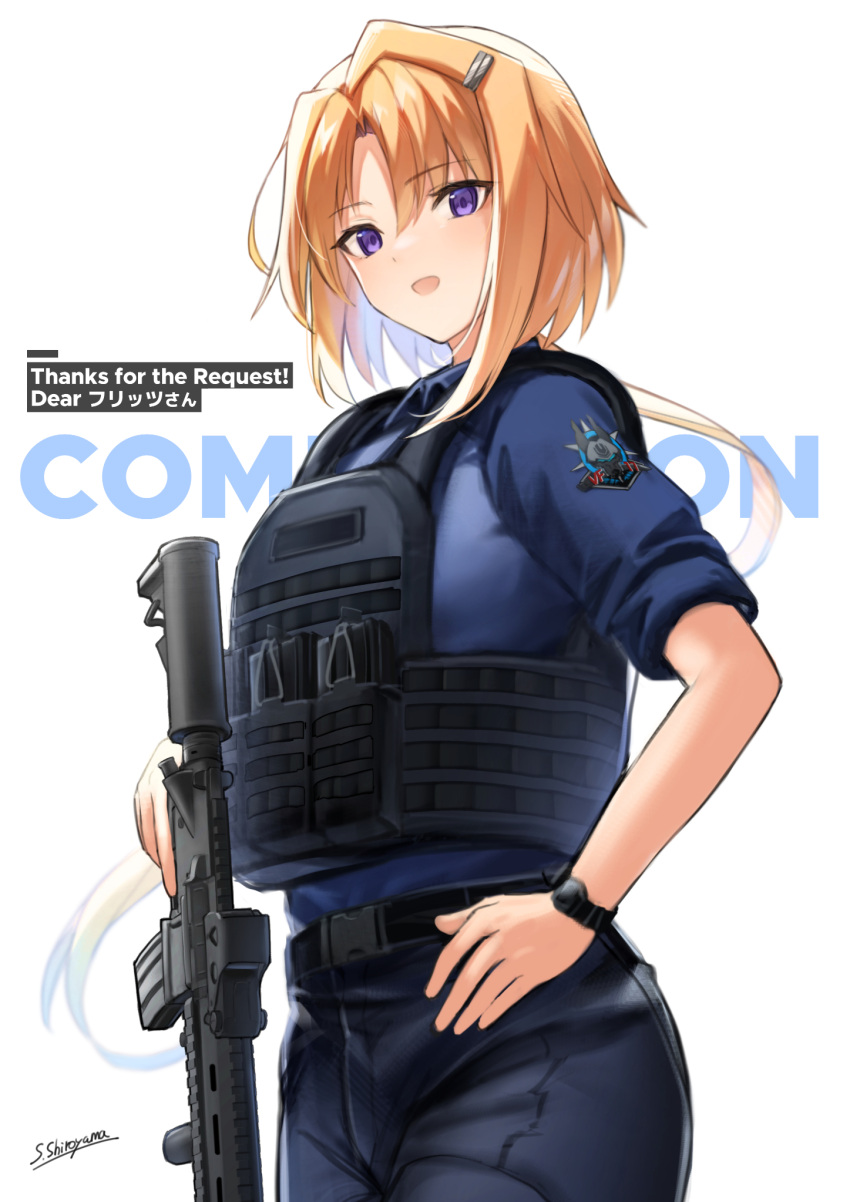 1girl, :d, black_shorts, blue_shirt, brown_hair, commentary_request, commission, gun