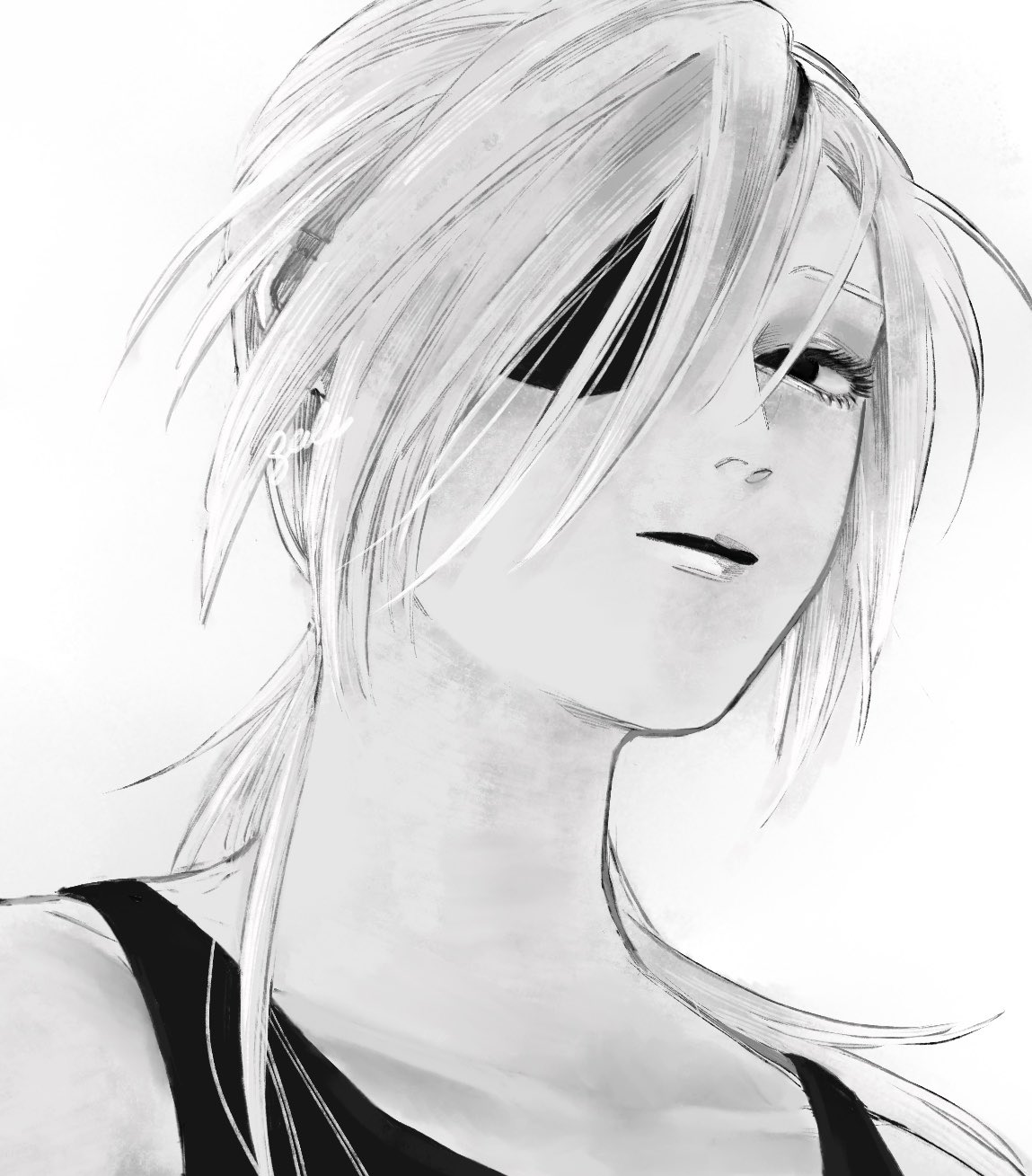 1boy, black_tank_top, chainsaw_man, eyepatch, greyscale, gxlx_2ji, highres, long_hair