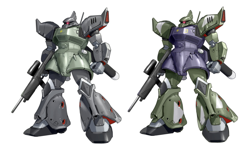 asterozoa, commentary, completion_time, english_commentary, full_body, gelgoog, gelgoog_marine, glowing, glowing_eye, gun, gundam, gundam_0083, highres, holding, holding_gun, holding_weapon, mecha, mobile_suit_gundam, no_humans, one-eyed, red_eyes, robot, science_fiction, variations, weapon, zeon