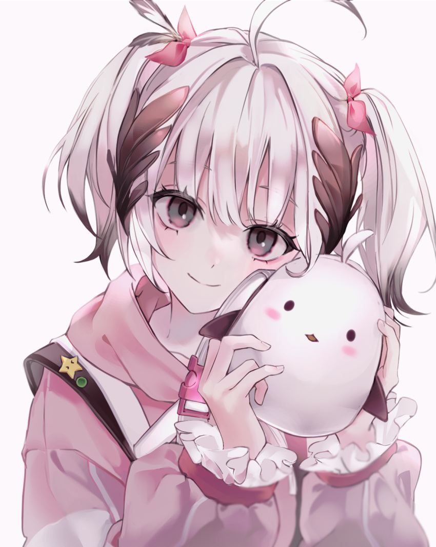 1girl, ahoge, bbony_0_0, black_eyes, bow, closed_mouth, colored_tips, commentary