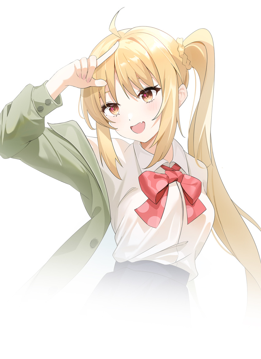 1girl, :d, ahoge, arm_up, black_skirt, blonde_hair, bocchi_the_rock!, bow, breasts, brown_eyes, collared_shirt, cropped_torso, debu_xiao_huajiang, dress_shirt, fang, green_jacket, highres, ijichi_nijika, jacket, long_hair, long_sleeves, looking_at_viewer, polka_dot, polka_dot_bow, puffy_long_sleeves, puffy_sleeves, red_bow, shirt, side_ponytail, simple_background, skirt, small_breasts, smile, solo, upper_body, very_long_hair, white_background, white_shirt