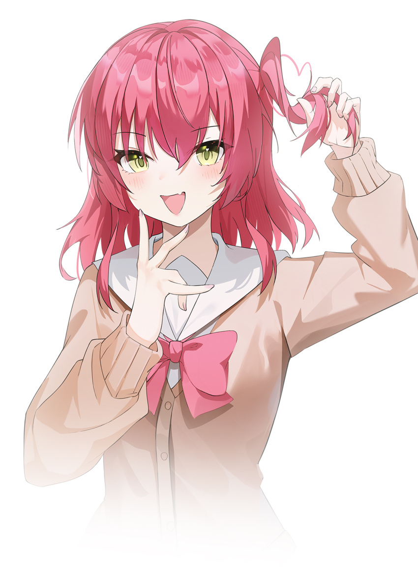 1girl, :d, arm_up, blush, bocchi_the_rock!, bow, brown_cardigan, cardigan