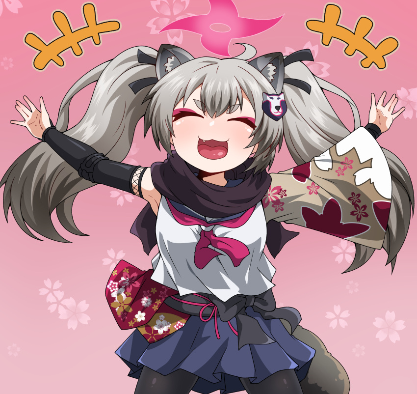 1girl, :d, ^_^, absurdres, animal_ears, armpits, black_pantyhose, blue_archive