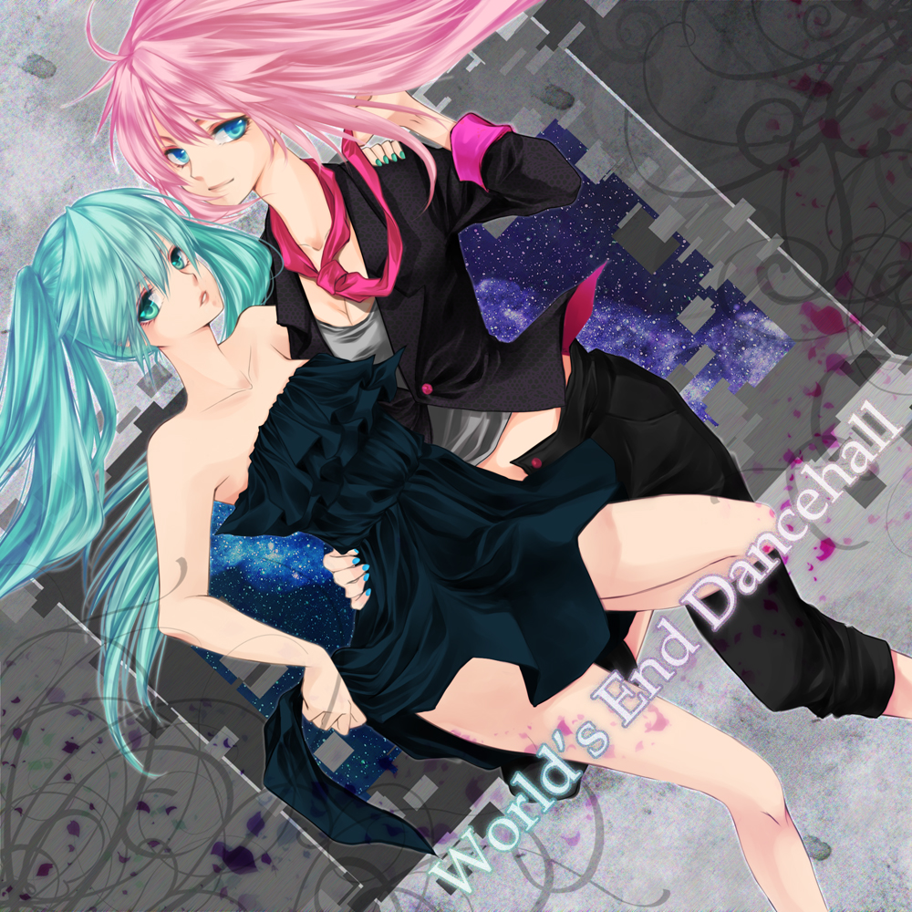 aqua_eyes, aqua_hair, bad_id, dress, hatsune_miku, long_hair, megurine_luka, multiple_girls
