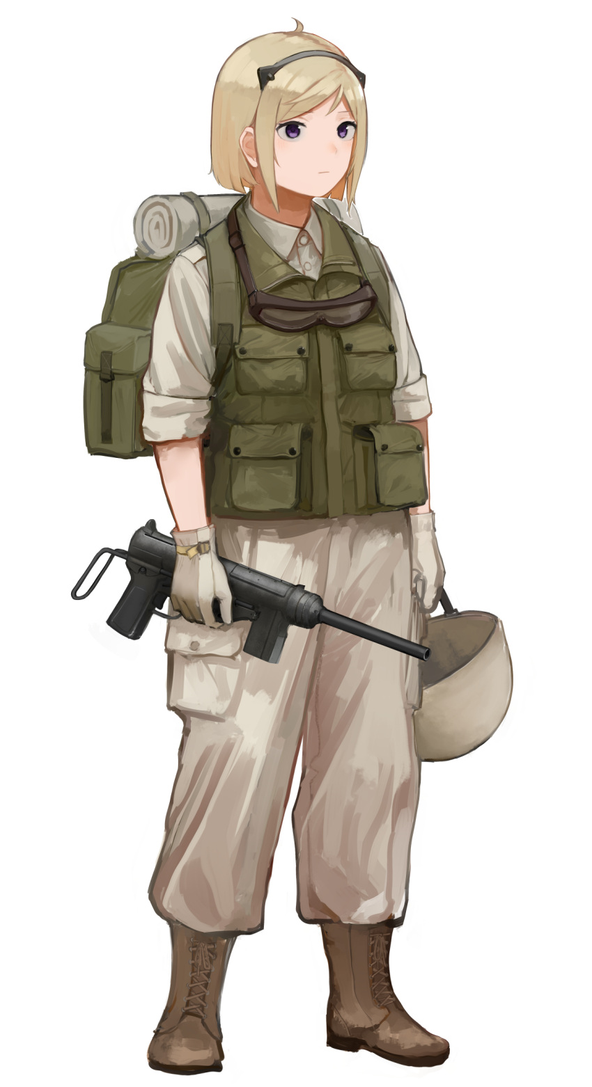 1girl, animal_ears, backpack, bag, blonde_hair, bob_cut, boots, brown_footwear