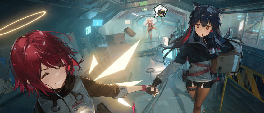 3girls, ^_^, absurdres, animal, arknights, arm_up, beanie, bird